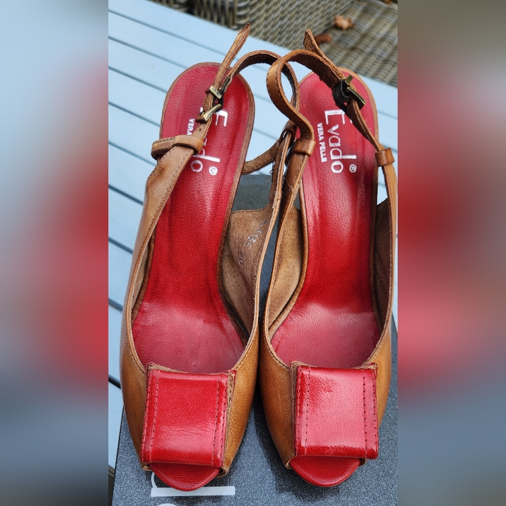 EVADO brown and red leather open toe high heels platform sandals 38 - Picture 7 of 12
